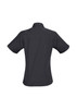 A black women's button-up shirt with short sleeves, featuring a collar and a smooth back design.