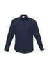 A navy long sleeve button-up shirt featuring two chest pockets and a logo on the sleeve.