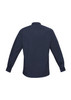 A navy blue long sleeve button-up shirt with a back view, featuring a logo on one sleeve.