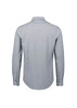 A tailored long sleeve shirt featuring a grey and white striped pattern and a button-up front.