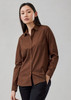 A brown women's long sleeve button-up shirt with a collared neckline and a relaxed fit.