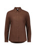 A brown long sleeve button-up shirt with a collar and a subtle textured pattern. Features a logo.