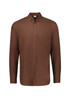 A brown long sleeve button-up shirt featuring a collar and a single chest pocket, with a logo on the label.