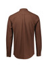 A brown long sleeve button-up shirt featuring a back yoke and button cuffs. The shirt has a branding logo.
