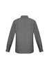 A long sleeve button-up shirt featuring a black and white striped pattern, with a collar and button cuffs.