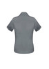 A grey short sleeve button-up shirt with rolled sleeves and a logo on the back.