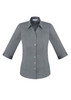 A grey ladies' 3/4 sleeve button-up shirt with a collar and a branded logo.