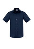 A navy blue button-up shirt with short sleeves and a chest pocket, featuring a logo.