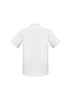 A white short sleeve button-up shirt featuring a back view with a collar and logo.