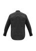 A black and grey checkered long sleeve button-up shirt with a back view. Includes a logo.