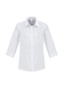 A white women's button-up shirt with 3/4 sleeves and a collar, featuring a logo on the front.