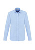A light blue, long sleeve button-up shirt featuring a pocket and a logo.