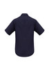 A navy short sleeve button-up shirt with a plain design and a logo on the back.