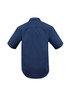 A navy blue short sleeve button-up shirt with a micro check pattern and a logo on the back.