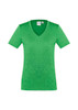 A green women's short sleeve tee featuring a V-neck design and a logo on the label.