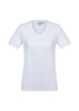 A white short sleeve tee with a V-neck design, featuring a logo on the label.