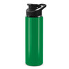 A drink bottle in bright green with a black snap cap and a built-in handle. It features a logo.