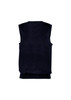 A navy blue men's vest with a simple design and no sleeves, featuring a ribbed hem and a logo.