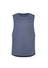 A sleeveless tee in a blue-grey colour with a black hem and a logo. Ideal for casual wear.