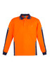 A long-sleeve polo in high visibility orange and navy, featuring a collar and a front pocket. It has a logo.