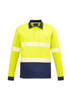 A hi-vis long sleeve polo shirt in bright yellow and navy, featuring segmented reflective tape and a pocket.