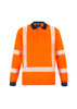 A long sleeve polo shirt in bright orange with reflective stripes and a pocket, featuring a branded logo.