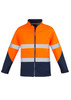 A unisex hi-vis softshell jacket in bright orange with navy accents and reflective stripes. Includes a logo.