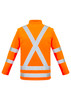 A bright orange softshell jacket with reflective stripes in an X-back pattern. It has a logo on the front.