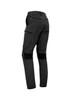 A pair of men's work pants in black with stretch fabric and a zip pocket. Features a logo on the waistband.