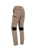 A pair of men's stretch work pants in khaki with black accents, featuring multiple pockets and a logo.
