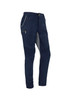 A pair of navy stretch pants with contrasting grey details and zippered pockets, featuring a logo.