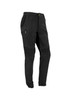 A pair of cuffed stretch work pants in black, featuring a zip pocket and ribbed detailing. The pants have a logo.