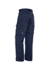 Navy blue men's cargo pants featuring side and back pockets, with a logo present on the garment.