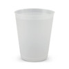 A drink cup in translucent white plastic, featuring a simple design and rounded base. Includes a branding logo.