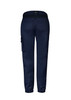 A pair of women's navy work pants featuring a fitted design and side cargo pockets, with a visible logo on the back.