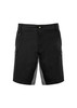 Black work shorts featuring side pockets and a logo, designed for comfort and flexibility.