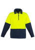 A unisex hi-vis polar fleece pullover featuring a bright yellow upper and navy lower, complete with a half-zip collar.