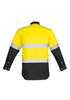 A long sleeve work shirt in yellow and black, featuring reflective hoop tape and a logo.