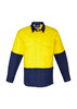 A long sleeve work shirt in bright yellow and navy blue with a logo, featuring two chest pockets.