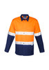 A long sleeve work shirt in orange and navy, featuring reflective tape across the chest and arms. It has two front pockets and a logo.