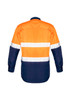 A long sleeve work shirt in orange and navy blue with hi-vis reflective tape and a logo on the back.