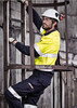 A man wearing a hi-vis yellow and navy work shirt, climbing a metal ladder, with protective gear and glasses.
