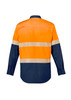 A long sleeve shirt featuring a navy blue and high visibility orange design, with segmented reflective tape across the back.