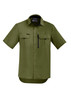 A green short sleeve button-up shirt with two chest pockets and a logo on the front.