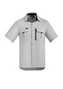 A light grey short sleeve button-up shirt with two chest pockets and a zip pocket, featuring a logo.