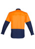 A long sleeve shirt featuring an orange upper section and navy blue lower section, with a back vent and buttoned cuffs.