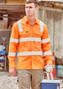 An orange long sleeve work shirt with reflective stripes, featuring a logo, worn by a man holding a drink bottle.