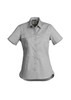 A women's lightweight short sleeve shirt in light grey, featuring a collar, buttons, and two front pockets.