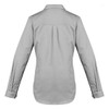 A grey women's lightweight long sleeve work shirt with a collar and buttoned cuffs. It features a logo on the back.