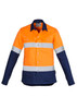 A long sleeve work shirt in orange and navy featuring reflective hoop tape and a logo.
